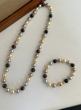 法式复古美拉德虎眼石混彩珍珠串珠磁吸项链女秋冬百搭时尚简约锁