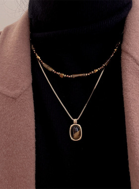 美拉德虎眼石双层叠戴项链女精致气质秋冬高级感个性时尚气质毛衣