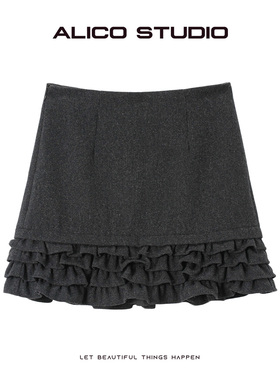 喜乐XILE 秋冬新款高品质高腰毛呢拼接花边半身裙短裙