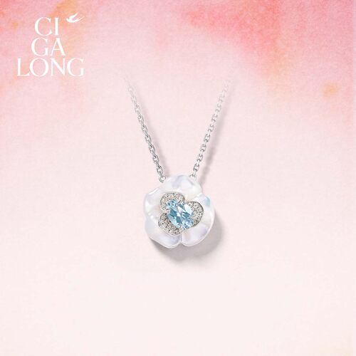 [新品]CIGALONG龙梓嘉海蓝宝绿松石山茶项链十二花神珠宝礼物