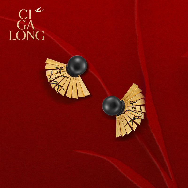 CIGALONG龙梓嘉春兰折扇和田玉耳钉新中式珠宝新年礼物