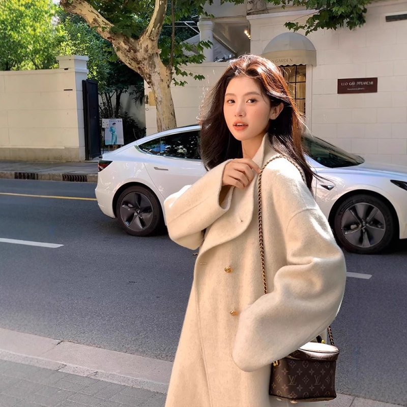 高级感金扣双面羊绒大衣女2024秋冬新款立领加长款韩版羊毛呢大衣