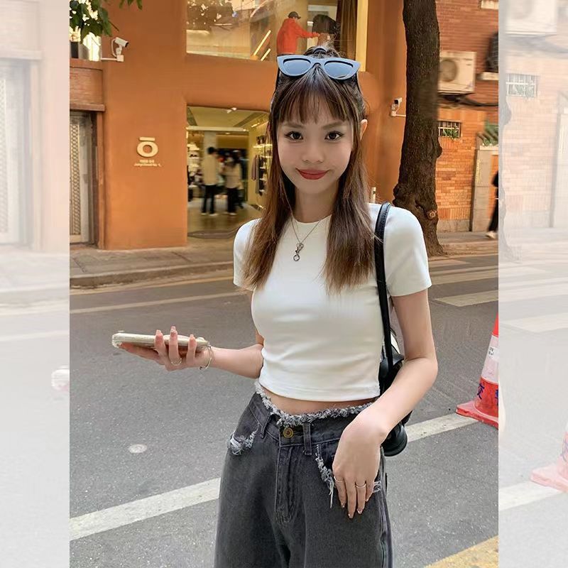 欧美短袖T恤女夏季2023新款辣妹韩版修身短款露肚脐ins红色上衣潮