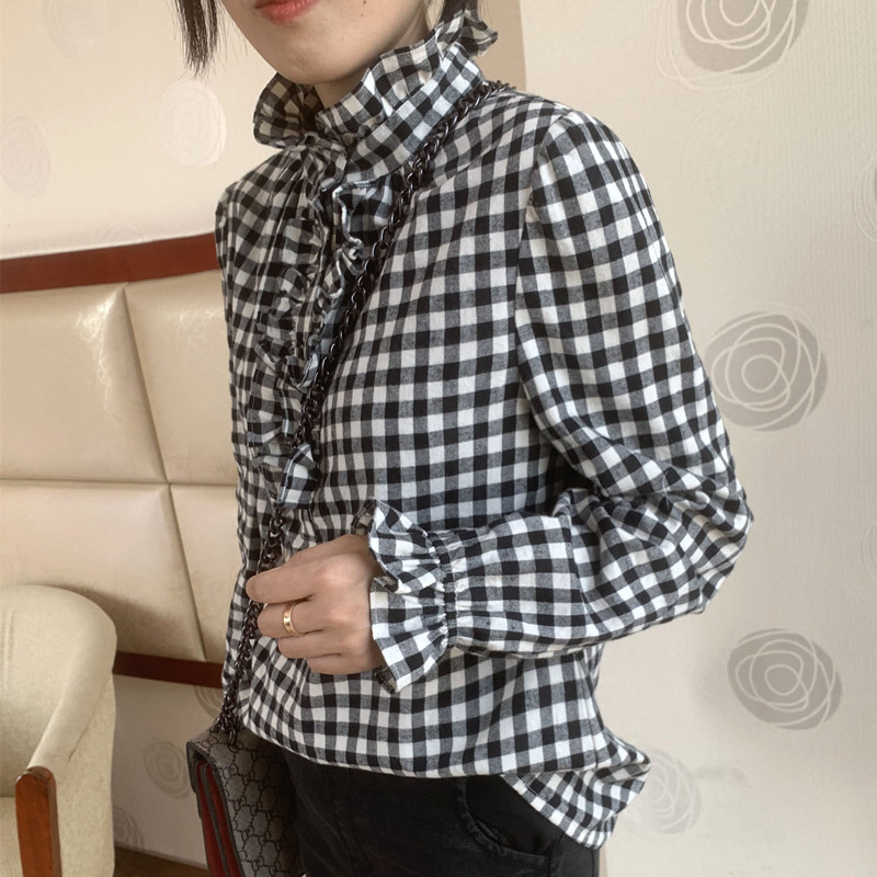 复古风黑白木耳边磨毛格子衬衫