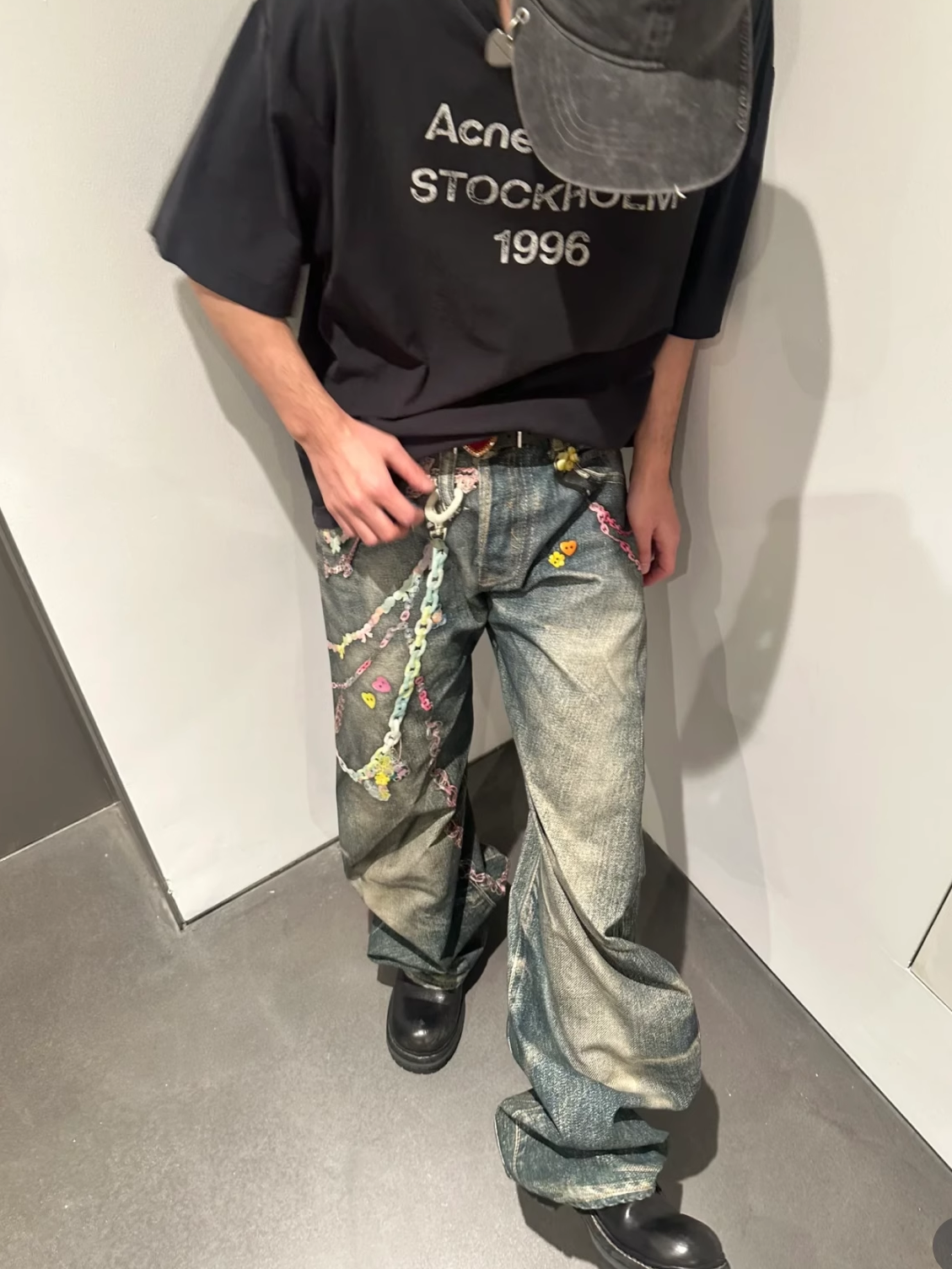 thumbnail for American high street 3D digital printing candy chain distressed scimitar jeans unisex straight leg slacks tide