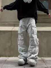 American Retro Street Style Multi-Pocket Cargo Pants for Men and Women, Loose Casual Oversized Straight Wide-Leg Pants