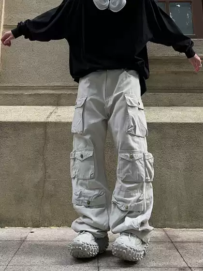 American Retro Street Style Multi-Pocket Cargo Pants for Men and Women, Loose Casual Oversized Straight Wide-Leg Pants
