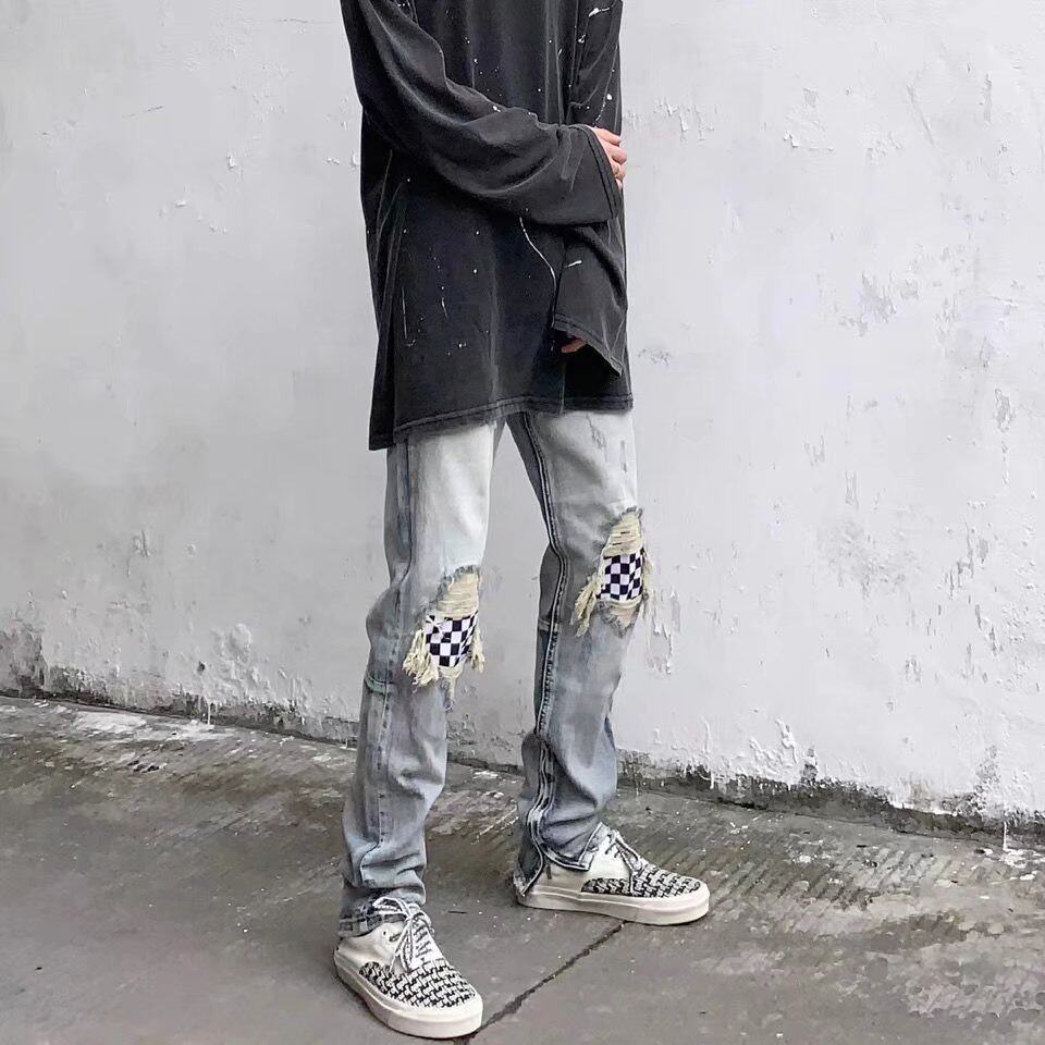 欧美高街fog破洞牛仔裤男洗水做旧vibe风补丁裤脚拉链修身长裤