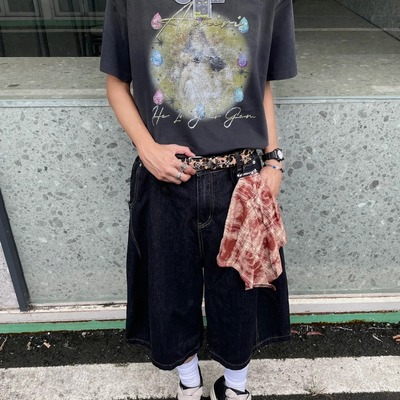 美式撞色方巾黑色丹宁原牛仔短裤