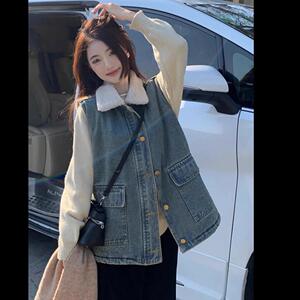 羊羔毛牛仔马甲外套女秋冬宽松小个子小众设计感超好看坎肩夹克女