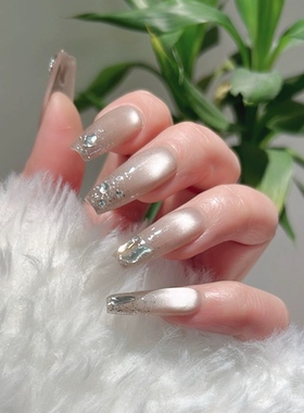 自制纯手工穿戴甲美甲成品长梯短体短方圆短椭圆玻璃珠猫眼钻定制