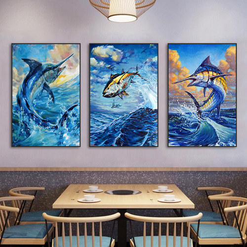 路亚鱼装饰画渔具店海鲜餐厅挂画垂钓俱乐部深海鱼金枪鱼壁画
