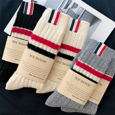 3双男士中筒袜纯棉秋冬加厚堆堆袜鹿毛绒粗线男女长袜子布标潮袜
