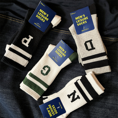 潮ins字母袜子男纯棉毛巾底男袜