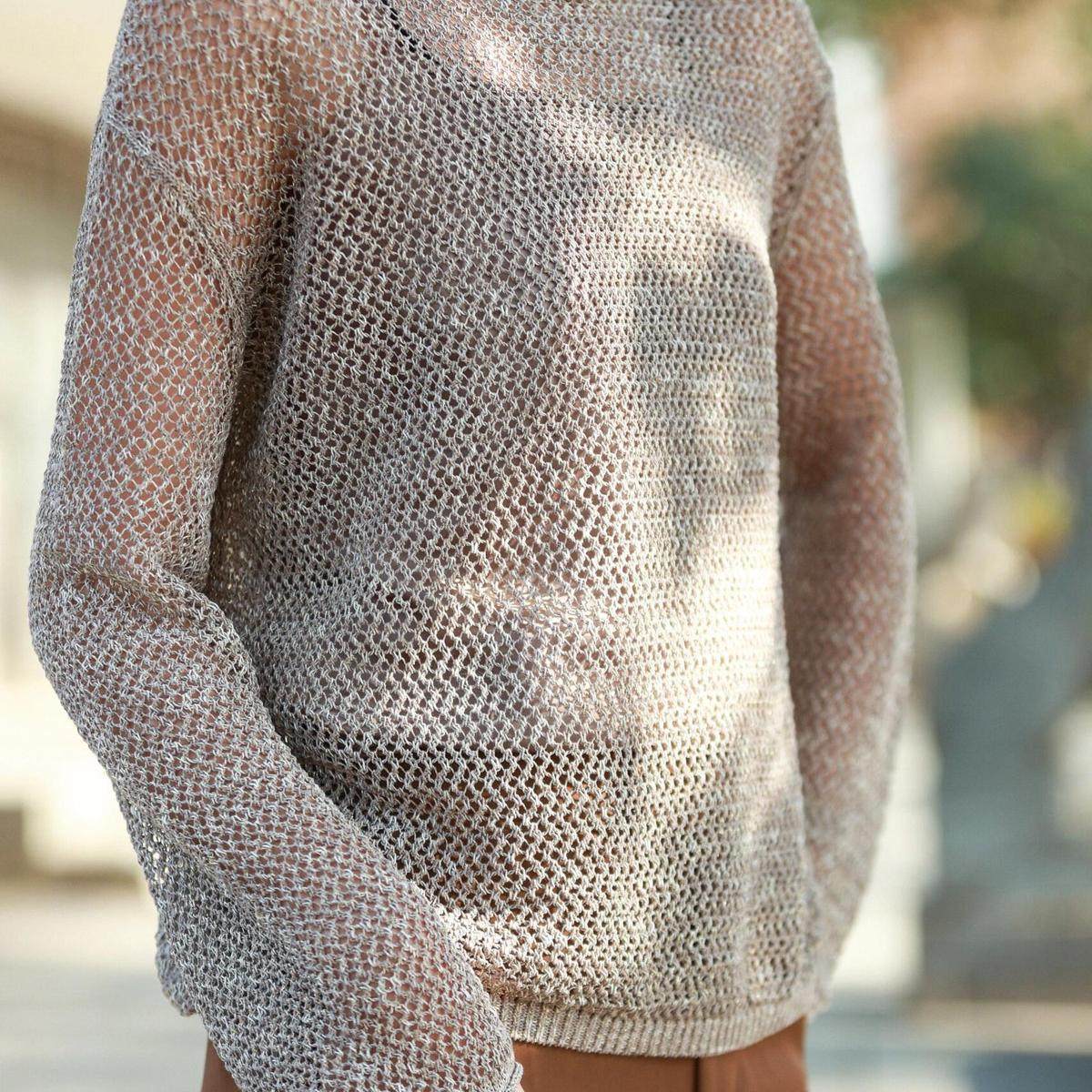 依衣哥家138036春夏新款百搭休闲一字肩圆领长袖镂空宽松针织衫