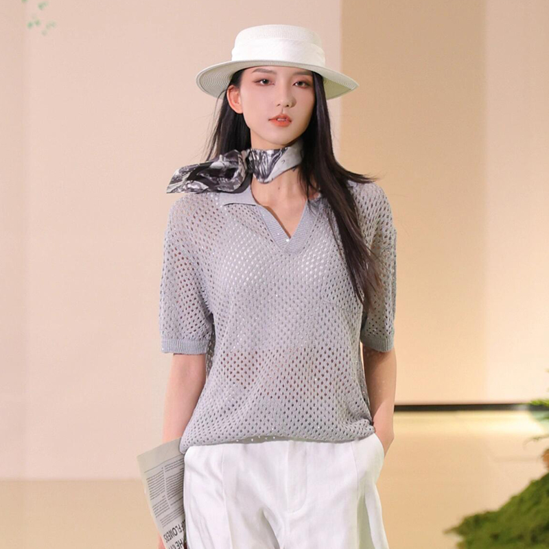 阿家538008POLO领镂空针织T恤衫