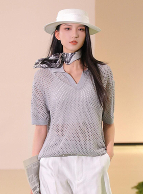 依衣阿家538008春夏新款休闲宽松亮片镂空POLO领短袖粗针织T恤衫