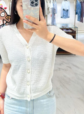 依衣哥家148020新款时尚显瘦小香风V领短袖带珠片亚麻针织开衫