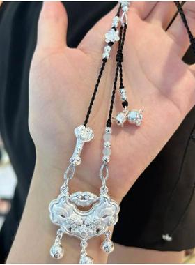 银双鱼锦鲤纯银平安锁编织绳女项链长命锁送女友宝宝礼