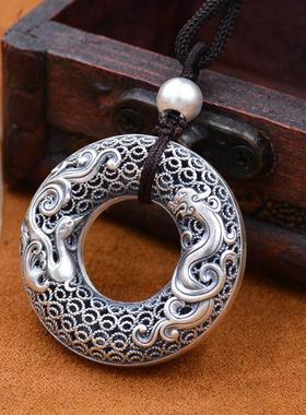 龙凤呈祥六字真言女纯银古法银平安扣毛衣长项链长款男女绳