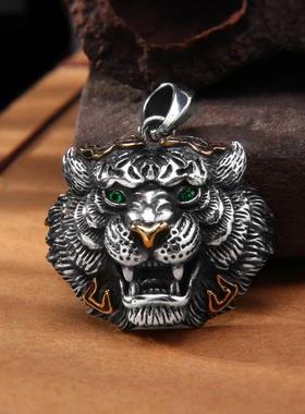 虎啸山河复古霸气老虎头吊坠纯银潮男个性生肖虎头毛衣链挂坠