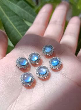 【小额】B221-2 天然海蓝宝925银镶嵌9.6*6.5mm圆形蛋面DIY