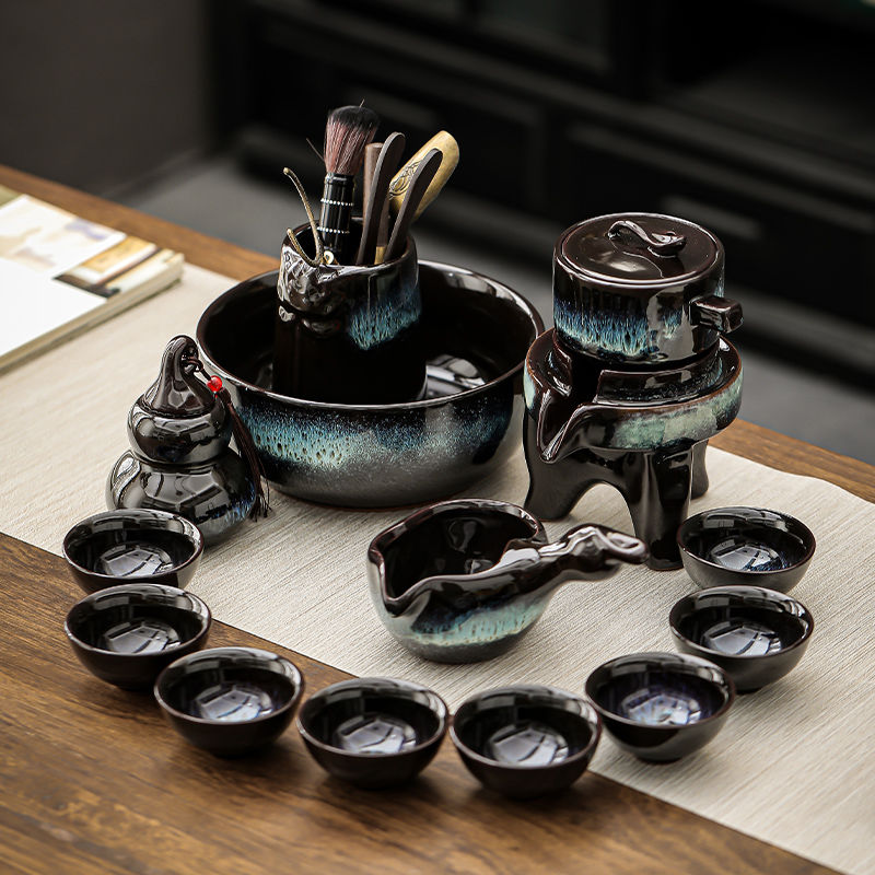 陶瓷窑变套装旋转建盏功夫自动茶具石磨家用懒人泡茶茶杯茶壶神器