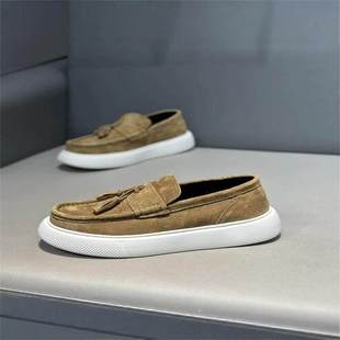 秋季新款男鞋超轻软底鞋休闲真皮磨砂板鞋乐福鞋一脚蹬透气白底鞋