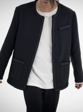 CHANSOAR  秋冬730G澳洲羊毛呢小香风黑色时尚宽松纯色夹克外套男