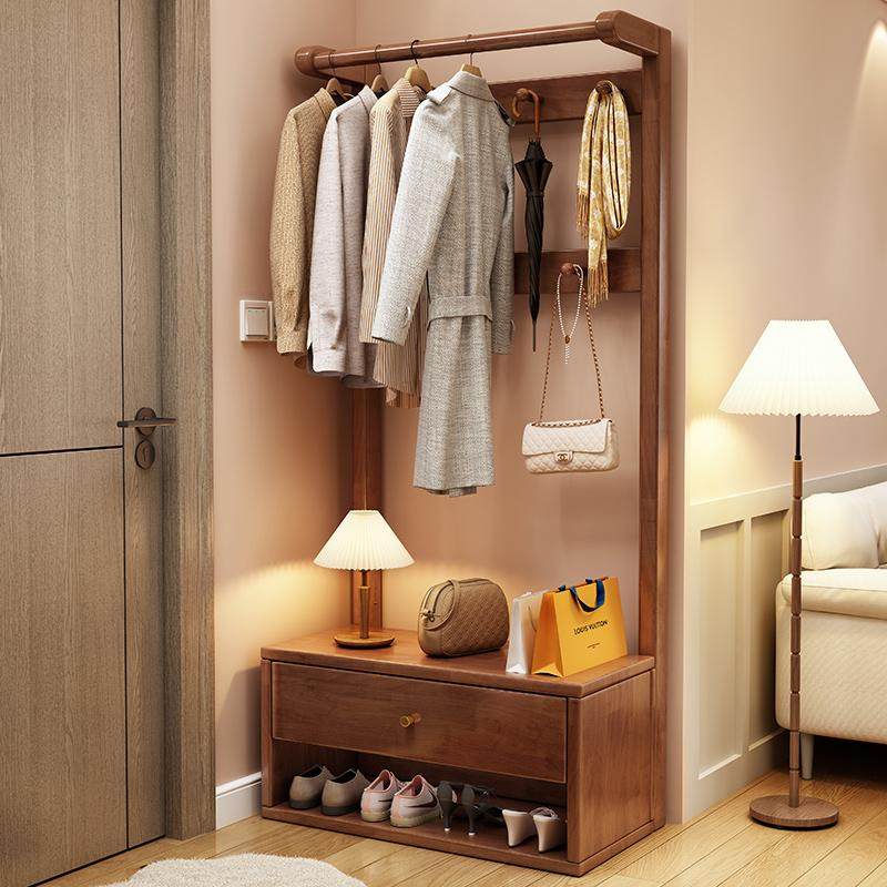 实木衣帽架落地客厅入户门口换鞋凳挂衣架一体卧室进门衣服收纳架