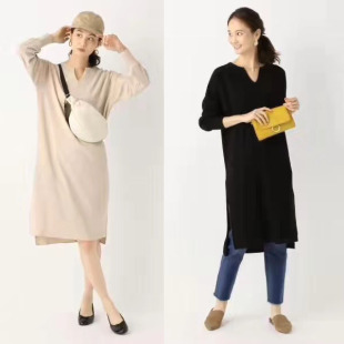 外贸日单连衣裙子华夫格春款V领针织棉中长款黑米色开叉宽松显瘦