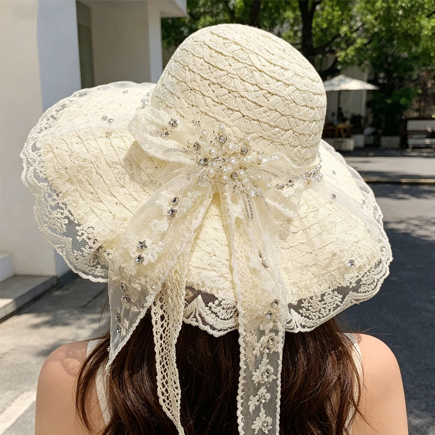 蕾丝草帽女夏季大檐防晒防紫外线蝴蝶结飘带遮阳帽度假海边沙滩帽
