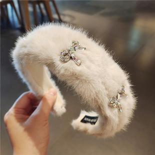 韩国秋冬毛毛高颅顶发箍发卡镶钻水钻防滑宽头箍舒适卡子发饰头饰