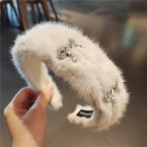 韩国秋冬毛毛高颅顶发箍发卡镶钻水钻防滑宽头箍舒适卡子发饰头饰