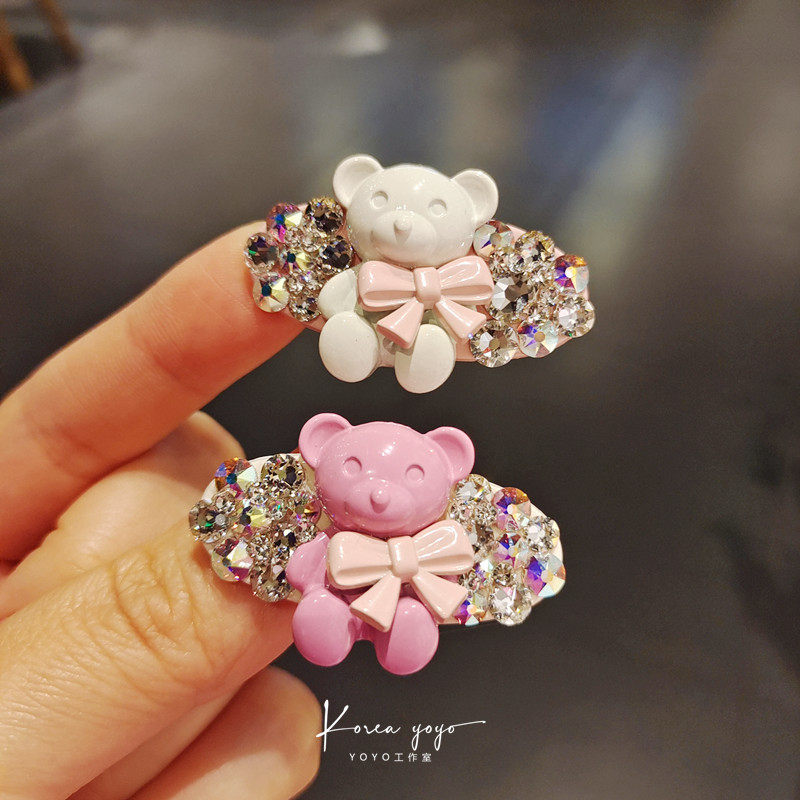彩色树脂熊水钻发夹头饰高端精致镶钻刘海鸭嘴夹子发卡女边夹发饰
