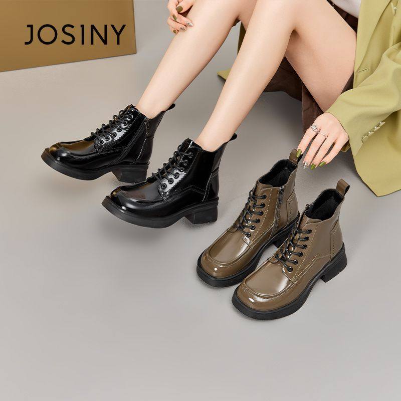 卓诗尼时尚漆皮马丁靴女秋冬新款单靴厚底短靴女粗跟加绒工装靴子