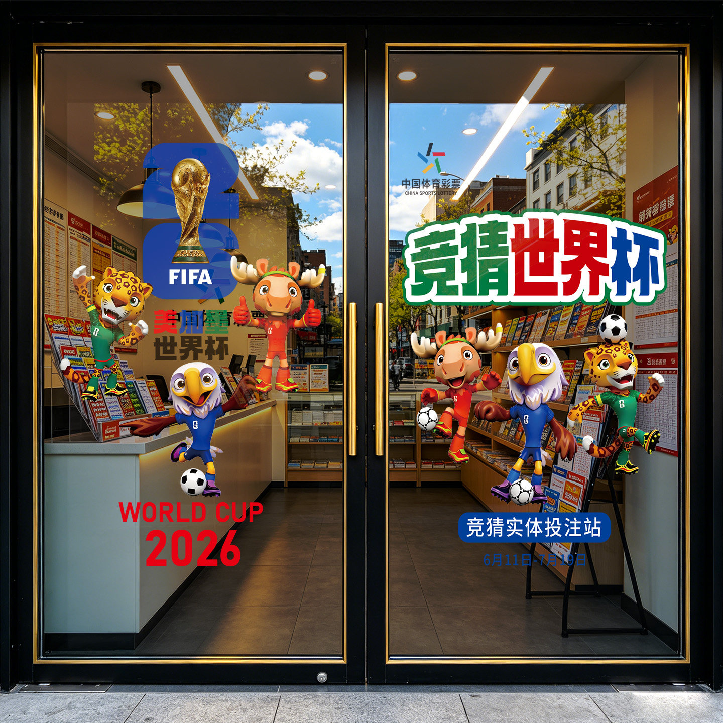 2026世界杯装饰宣传物料主题氛围布置足球彩票体彩店静电玻璃门贴