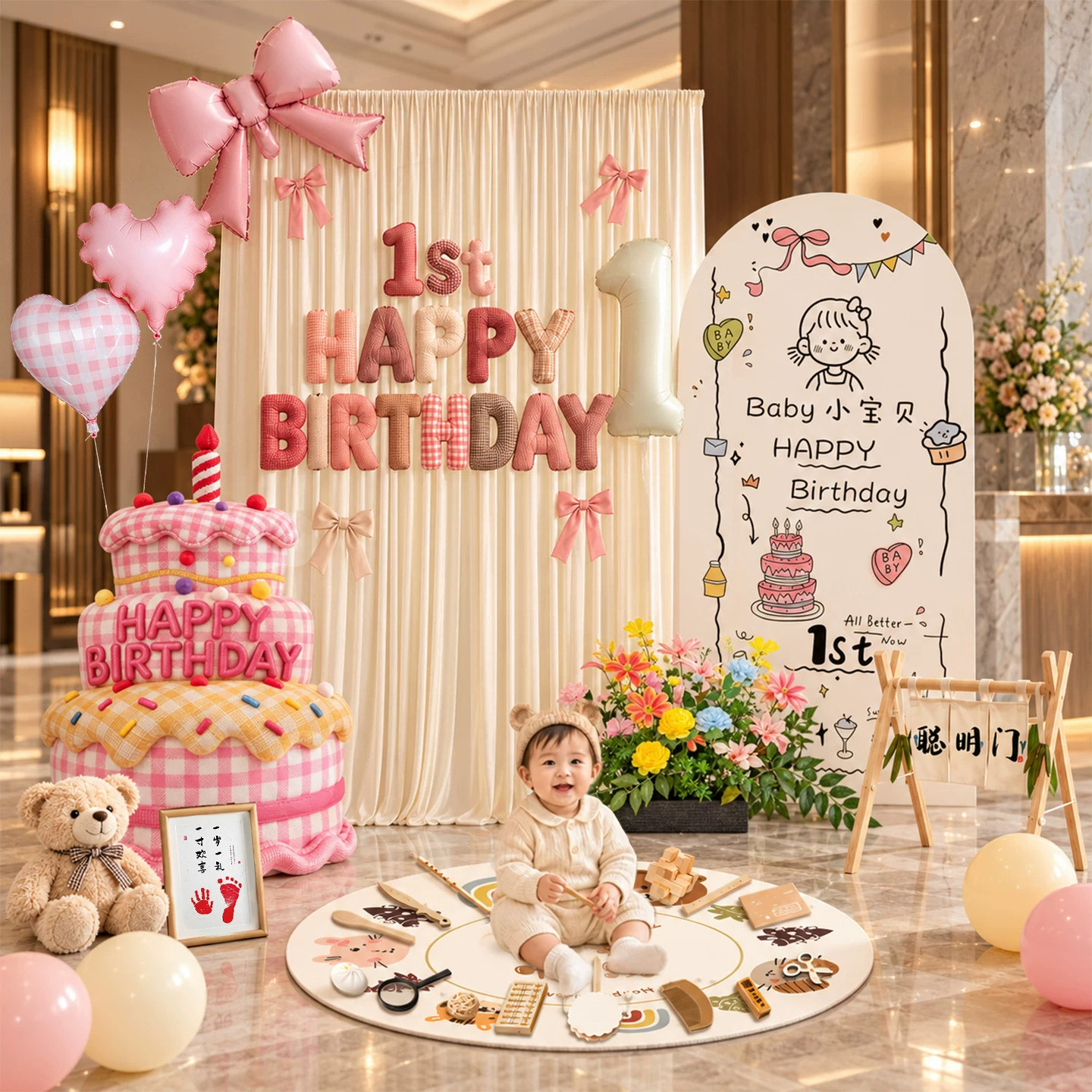 女宝周岁宴生日布置装饰韩系式简约家庭高级布幔背景墙kt板抓周礼