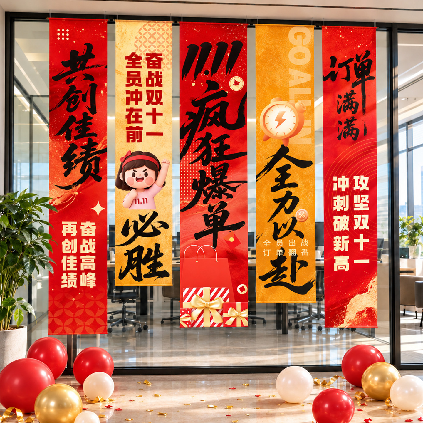 双十一活动购物狂欢节氛围布置11电商办公室氛围仪式拍照挂布条幅