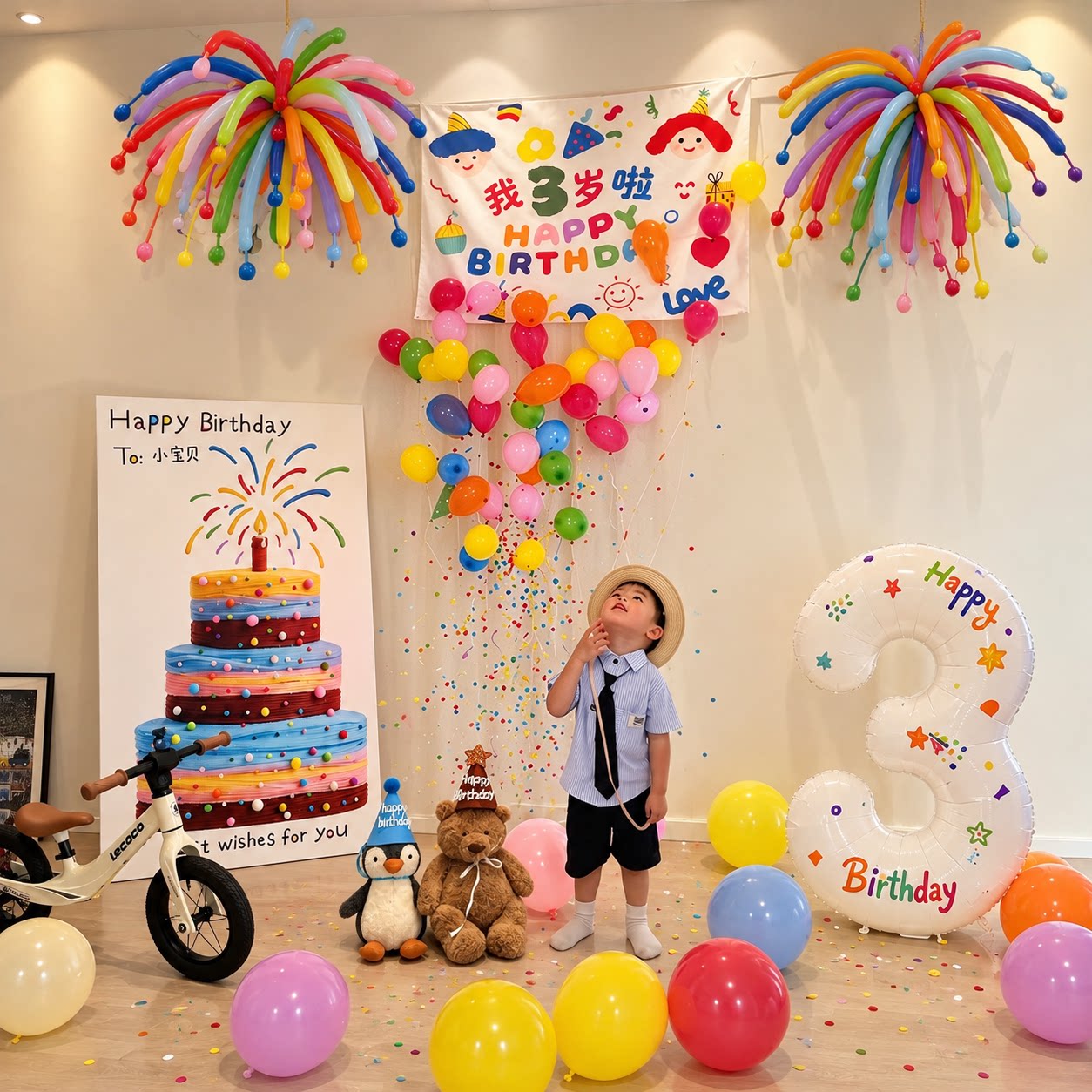 生日场景布置装饰快乐仪式感小女孩3三岁男童儿童宝宝2周岁气球雨