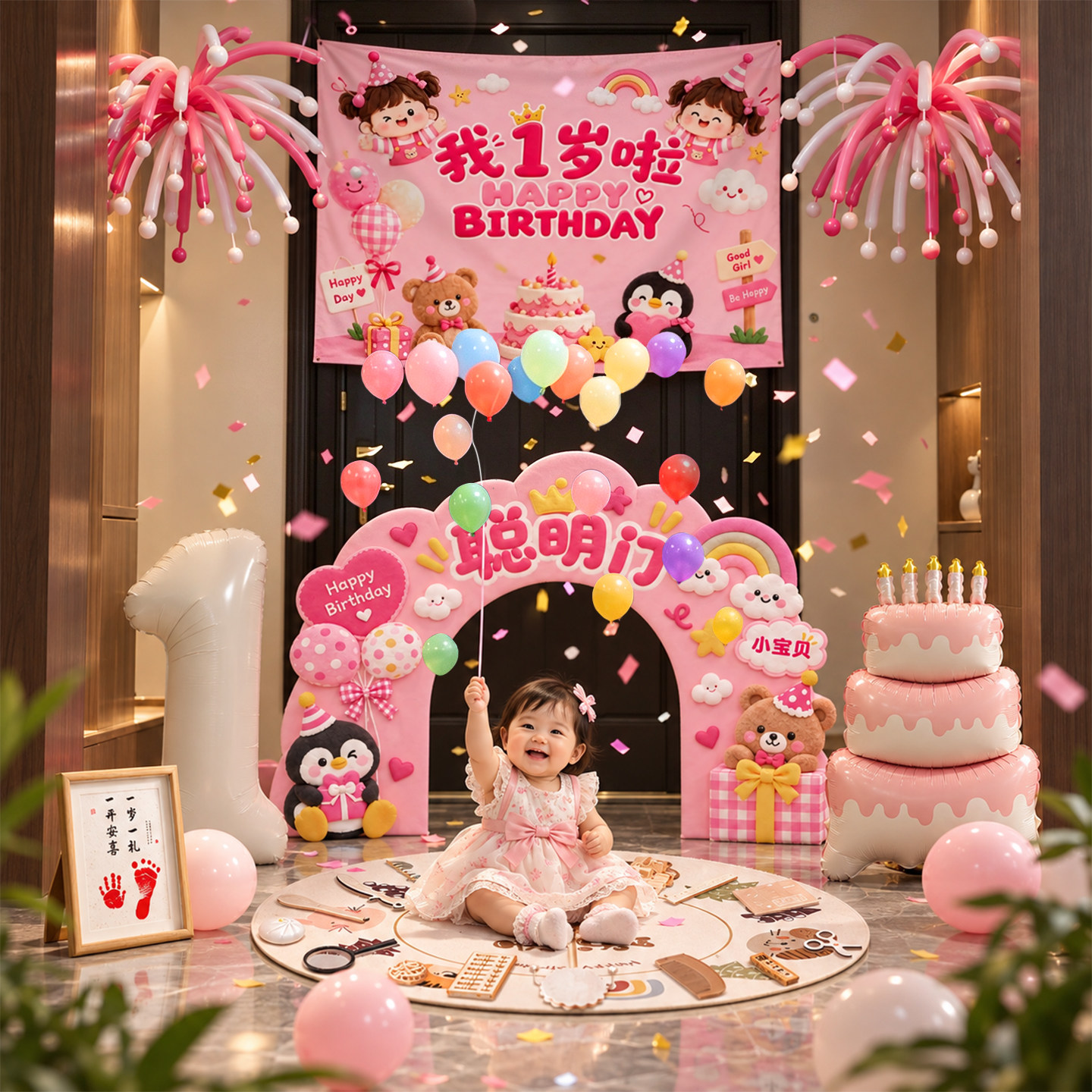 儿童生日气球雨场景布置装饰挂布男女孩宝宝2周岁1派对氛围感韩系