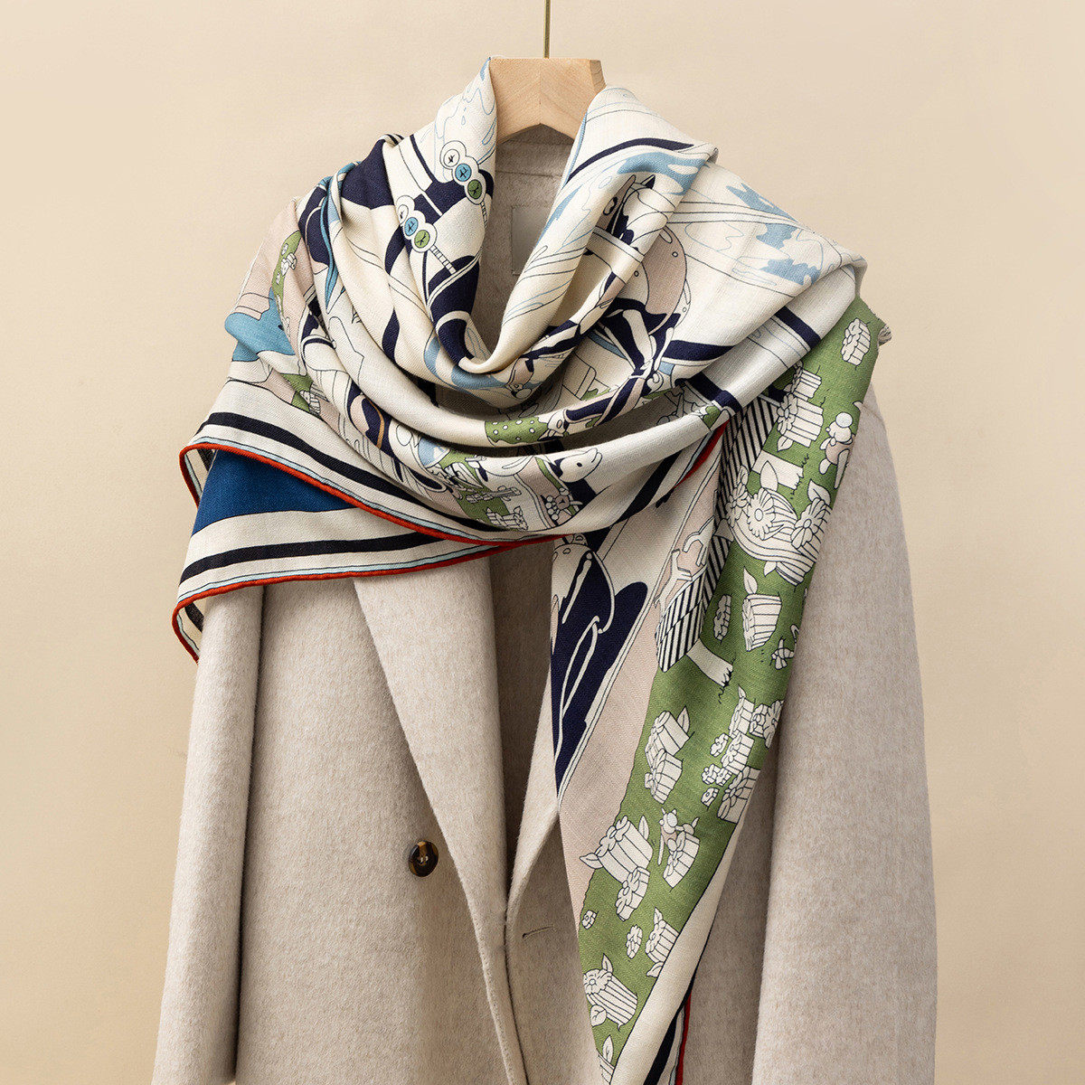 26年春季欧美新款印花真丝羊毛围巾女冬季保暖薄款遮阳大披肩方巾