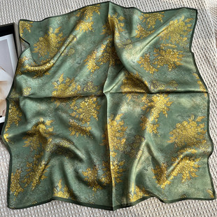 绿色暗纹花卉真丝丝巾女杭州丝绸70方巾秋冬季保暖围脖护颈小领巾