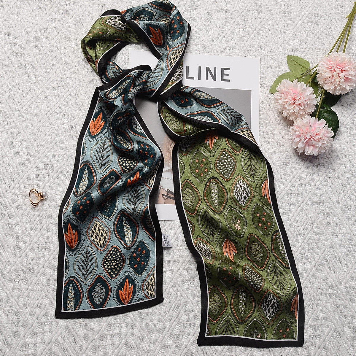 春夏花草标本双面围巾法式桑蚕丝百搭双层真丝丝巾细长条飘带领巾