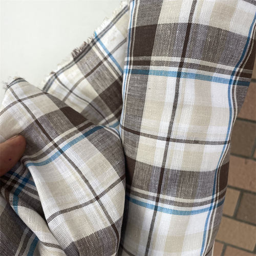 格子衬衫布料亲肤透气天然亚麻