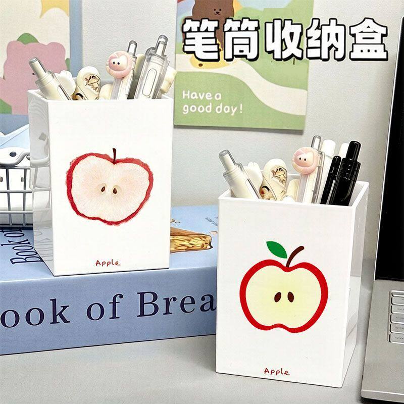 红线条苹果桌面笔筒防摔学生课桌铅笔盒大容量化妆刷收纳盒高颜值