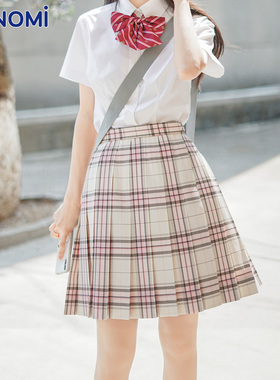 conomi日系甜美百褶裙1076学生jk制服裙正版仙女粉白格子裙半身裙