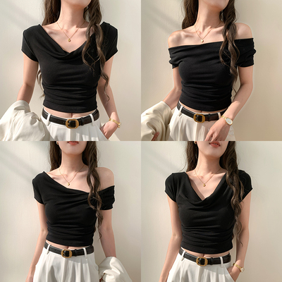 黑色一字斜肩短袖t恤女2025夏季新款辣妹修身百搭短款露肩V领上衣