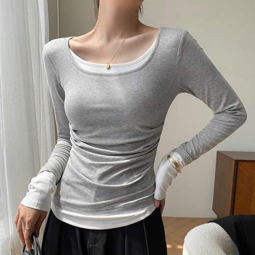 假两件长袖撞色百搭t恤女