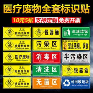 医疗废物标签标识贴警告消毒清洗无菌污染区医疗垃圾废弃物暂存储场所禁止吸烟饮食丢弃生活垃圾警示标志牌